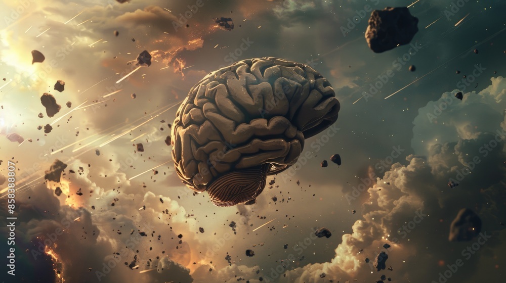 Poster a brain is shown in a fiery explosion, surrounded by a cloud of debris. generate ai image