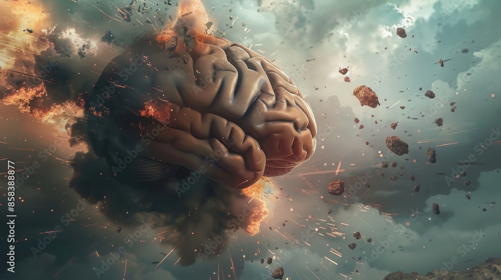 Poster a brain is shown in a fiery explosion, surrounded by a cloud of debris. generate ai image