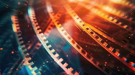 Close up of film reels with dust and light