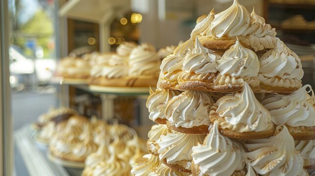   A bakery display showcases an array of cakes and pastries on top of trays