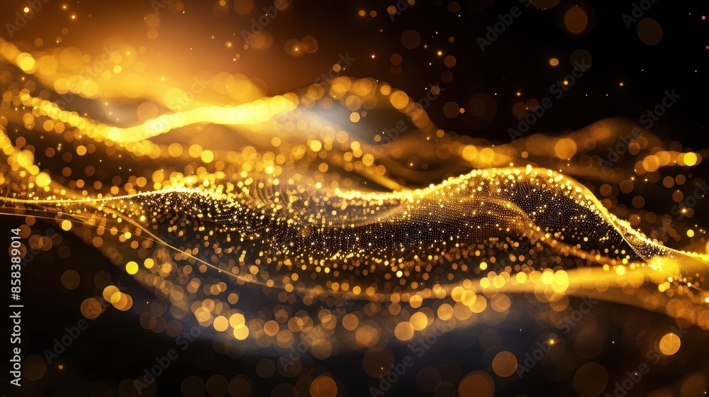 Poster luxurious golden wave of lights and sparkles elegant fluid data transfer technology abstract backgro