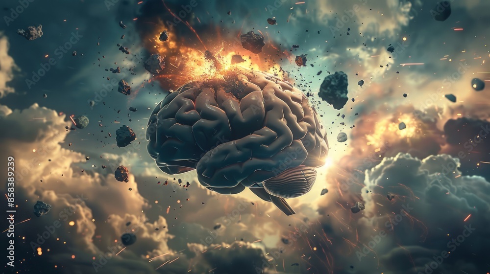 Poster a brain is shown in a fiery explosion, surrounded by a cloud of debris. generate ai image