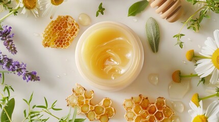 A close-up shot of a jar of honey cream surrounded by honeycomb, herbs, and flowers, showcasing a natural and luxurious beauty product.