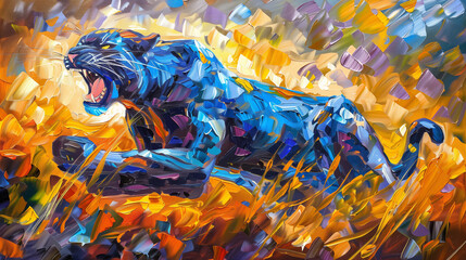 Horizontal oil painting of a Black Panther