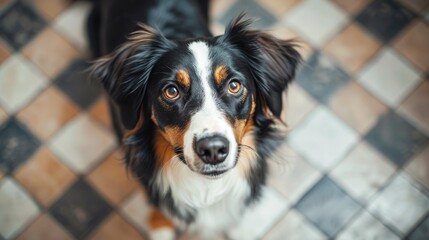 Close up of a tri colored dog with a playful expression near the camera against a checkered floor