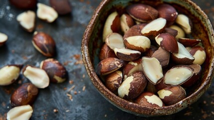 Whole unshelled Brazil nuts in rustic bowl