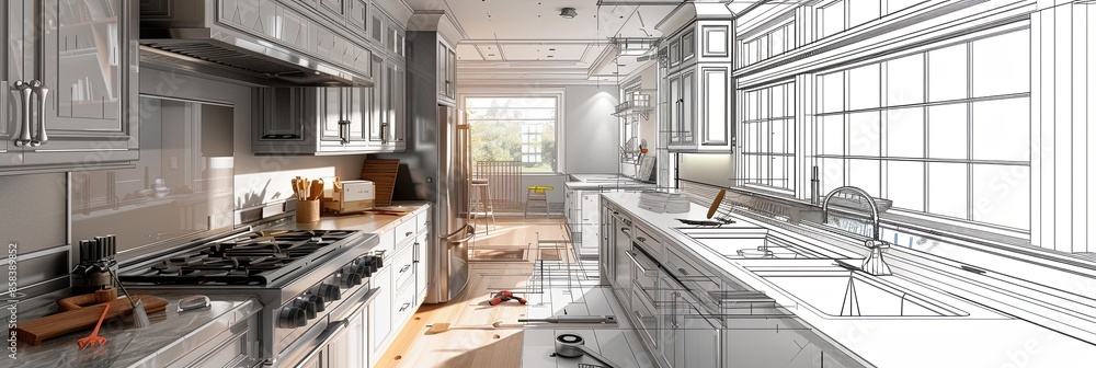 Aufkleber Modern kitchen being transformed with new cabinets installed and countertops in progress, showcasing quality and style. Transition from old to new. Generative AI