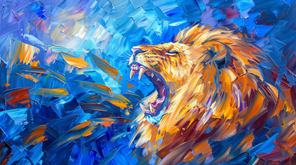 Horizontal oil painting of a Lion roaring