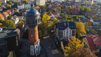 Zelenogradsk, Russia - October 9, 2022: water tower Cranz top ariel view