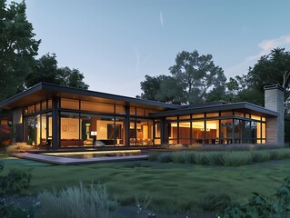 Modern Prairie House, Late Summer Evening, Horizontal Lines,