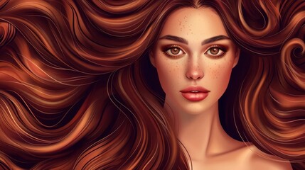 Naklejka premium luxurious wavy long brown hair beautiful woman portrait with shiny curls and makeup hair salon concept illustration