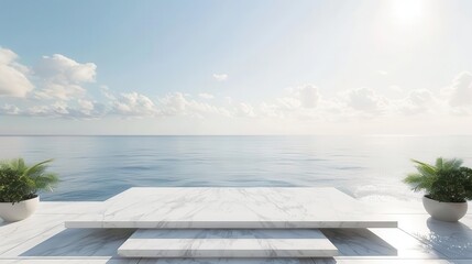 Fototapeta premium luxurious white marble podium with serene sea view 3d rendering