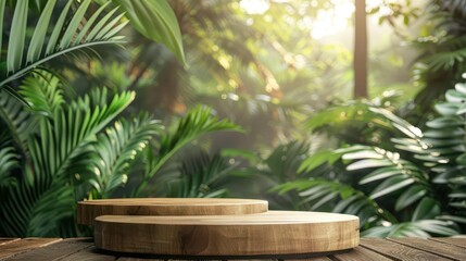 luxurious wooden podium showcasing products amidst vibrant tropical forest lush green foliage background 3d illustration