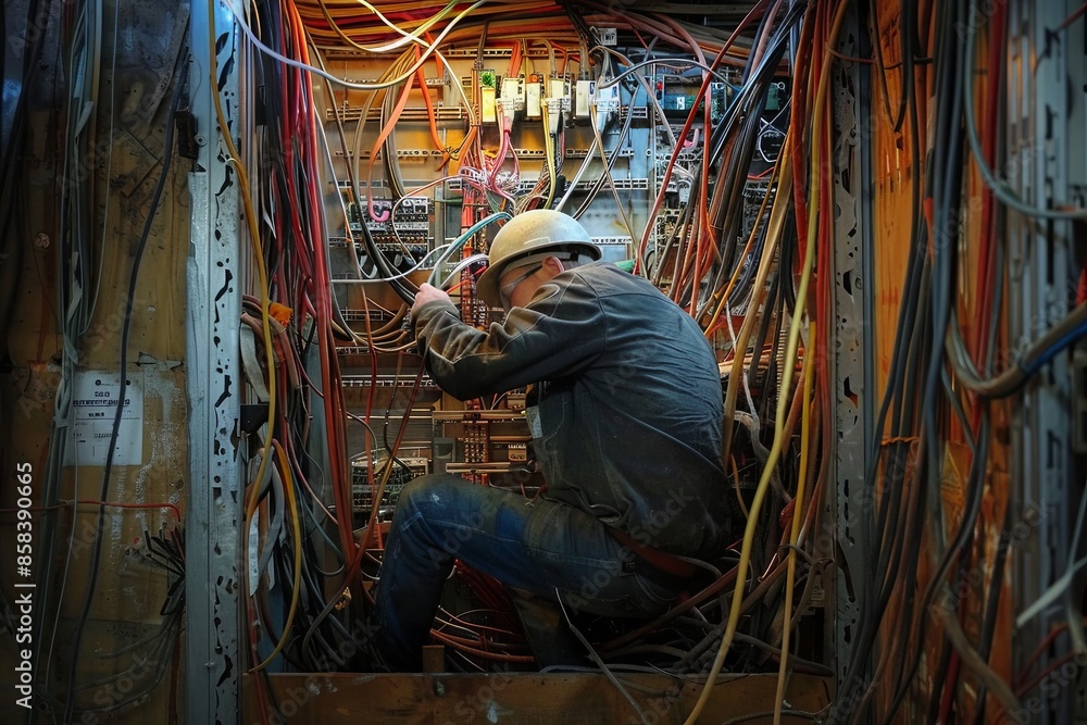 Poster an electrician works on wiring inside an open wall, surrounded by a tangled mess of cables and conne