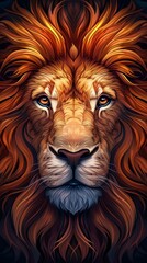 Obraz premium Majestic lion portrait with a vibrant mane and intense gaze, capturing the essence of strength and majesty in a detailed digital artwork.