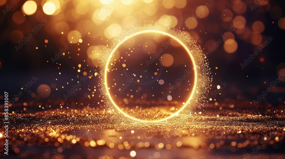 Aufkleber magical golden glitter circle with sparkling light particles and lens flare effect 3d rendering
