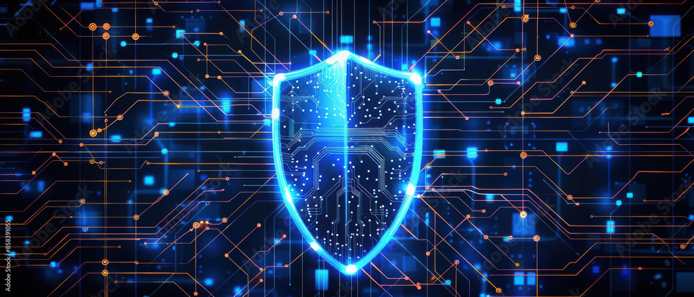 Poster cybersecurity shield with a digital circuit pattern