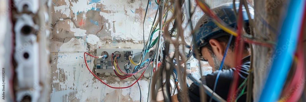 Poster an electrician in a hard hat works on wiring in an open wall, with cables, connectors, and tools vis