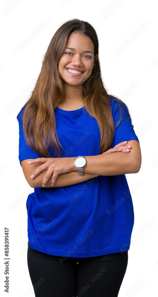 Sticker young beautiful brunette woman wearing blue t-shirt over isolated background happy face smiling with