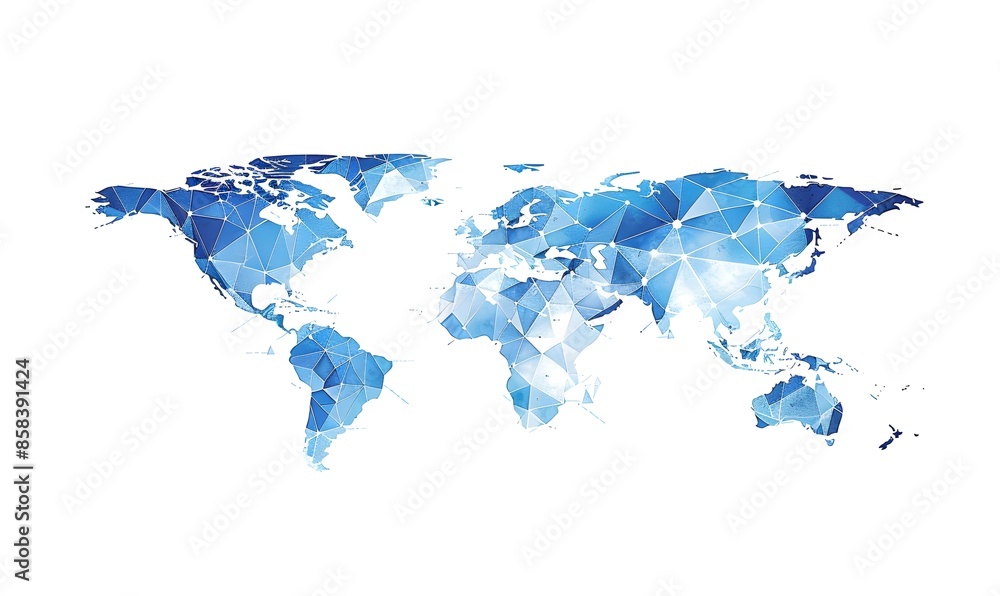 Poster vector illustration of world map made from blue triangles on a white background, in a flat design st