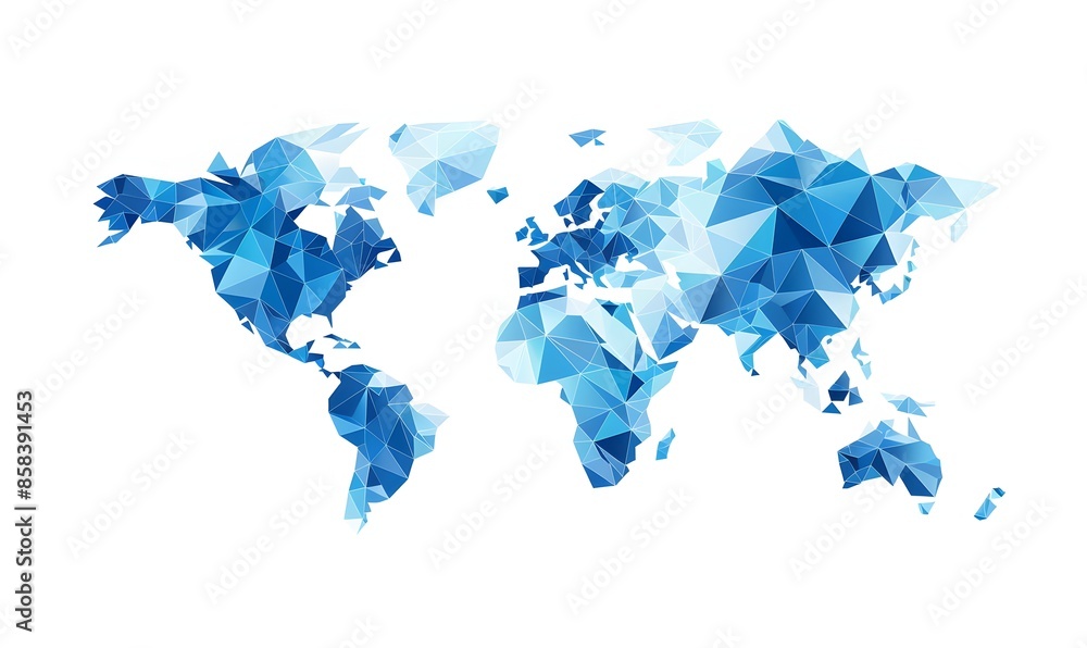 Poster vector illustration of world map made from blue triangles on a white background, in a flat design st