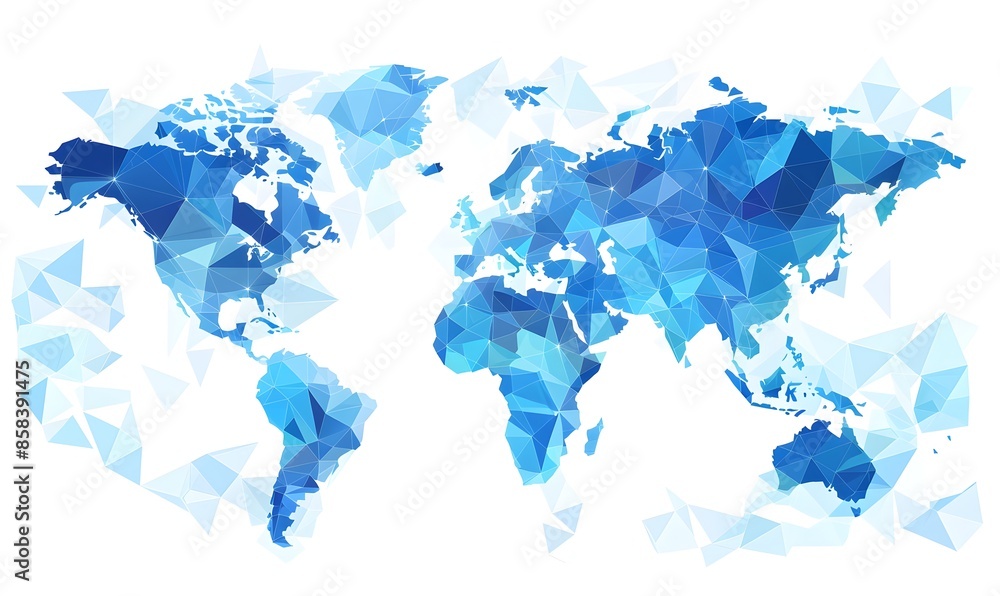 Poster vector illustration of world map made from blue triangles on a white background, in a flat design st