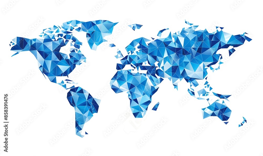 Poster vector illustration of world map made from blue triangles on a white background, in a flat design st