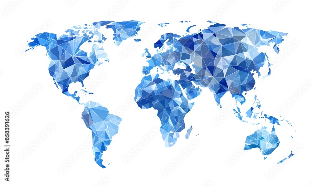 Poster vector illustration of world map made from blue triangles on a white background, in a flat design st