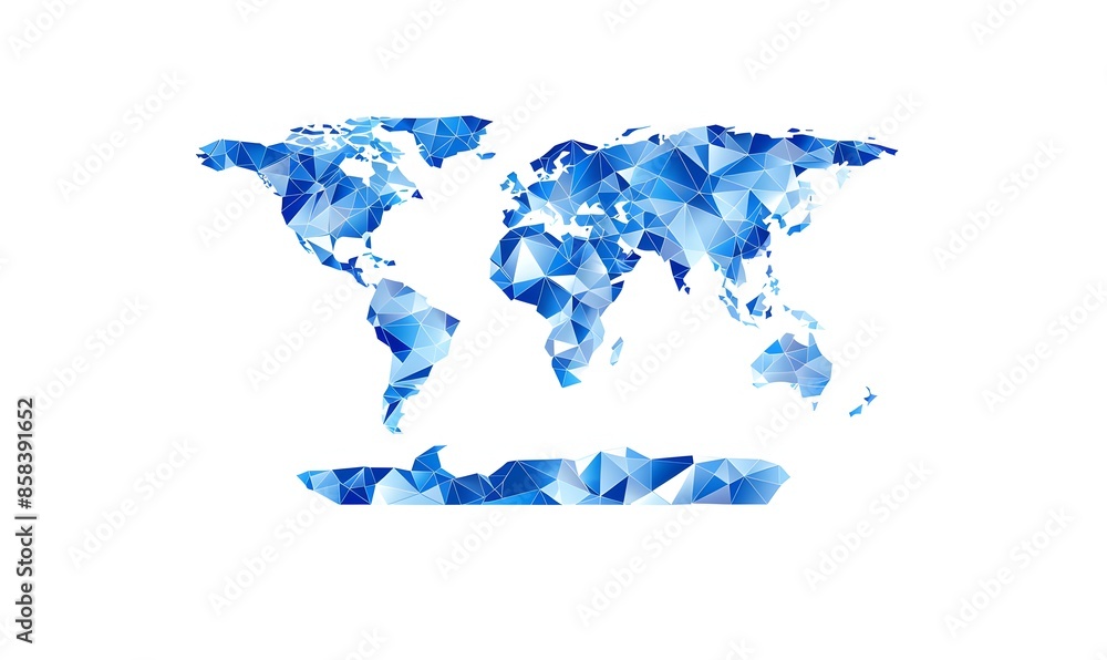 Poster vector illustration of world map made from blue triangles on a white background, in a flat design st