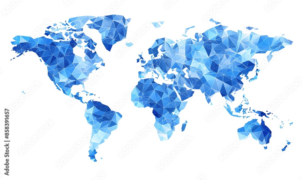 Poster vector illustration of world map made from blue triangles on a white background, in a flat design st