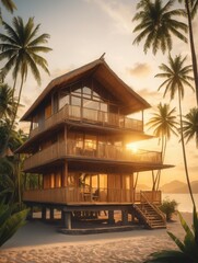 Fototapeta premium Wooden house on a tropical beach at sunset