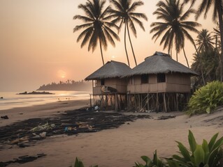 Fototapeta premium Wooden house on a tropical beach with trash at sunset