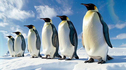 A group of emperor penguins on the snow with a blue sky background