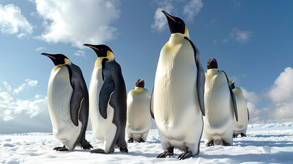 Fototapeta premium A group of emperor penguins on the snow with a blue sky background