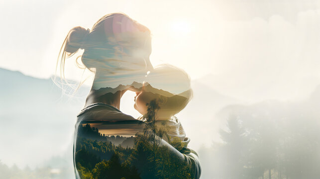 La silhouette d'une maman tenant un enfant dans ses bras en double exposition avec un paysage de montagne et de for&ecirc;t au lever du soleil.