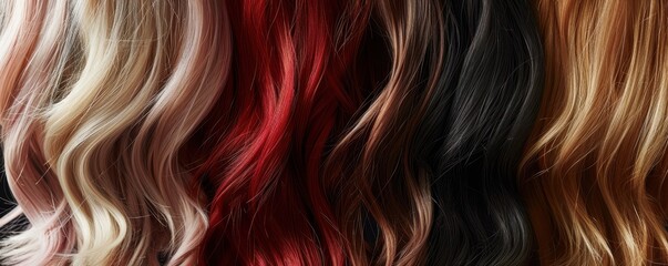 Fototapeta premium A row of hair with different colors, including black, red, and brown. The hair is styled in a way that makes it look like it's flowing down.