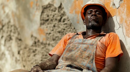 portrait of an African construction worker in overalls and hard hat, resting against a wall with his head tilted back, sleeping on the job after hours of work, showing dust and tired contentment