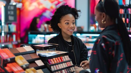 smiling African American woman talking to another person at the counter inside a store, surrounded by beauty products and vibrant pink hues, creating a lively atmosphere