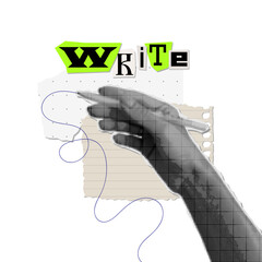 A hand holding a pencil and writing. Trendy halftone vector collage. Vintage isolated concept with torn out paper elements.