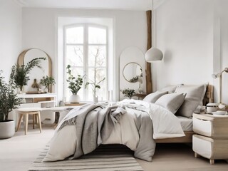 interior of modern bedroom with white walls, carpet on the floor, comfortable king size bed with gray linen and round mirror