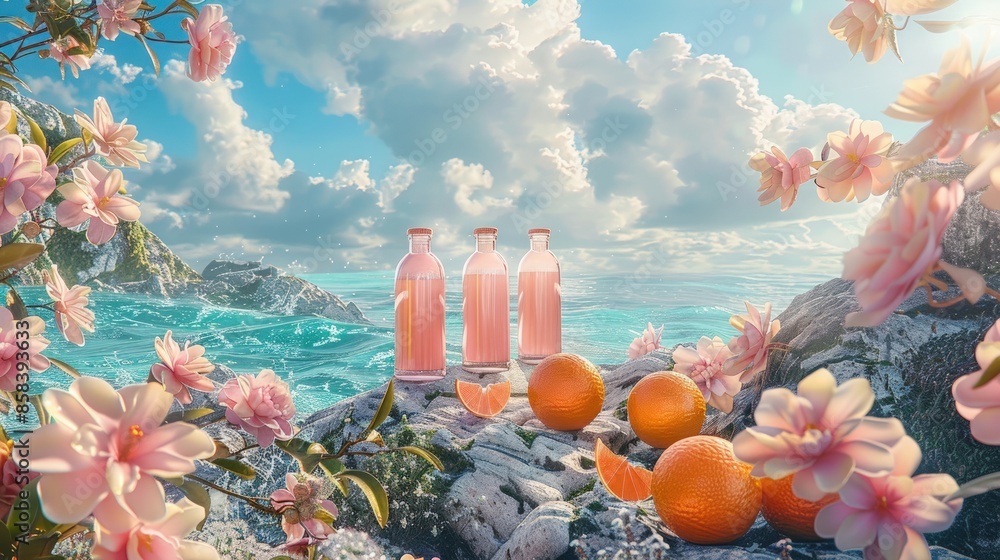 Aufkleber two bottles of pink drink with oranges on a table by the ocean. generate ai image