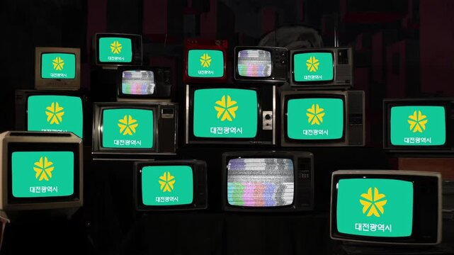 Flag of Daejeon, located in South Korea, Displayed on a Stack of Vintage Televisions. 4K Resolution.
