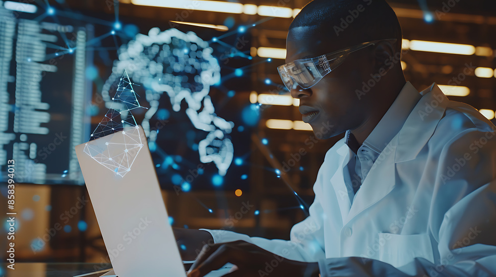 Poster african american engineer using a laptop to maintain ai neural networks, enhancing information proce
