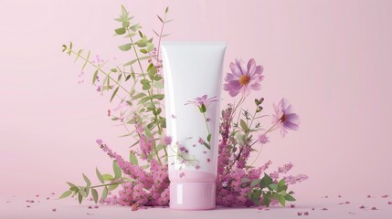 Natural cosmetics with floral elements on white tube pink backdrop