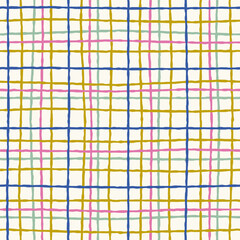 Seamless checkered pattern of multi-colored curved lines, naive geometric striped pattern on light background