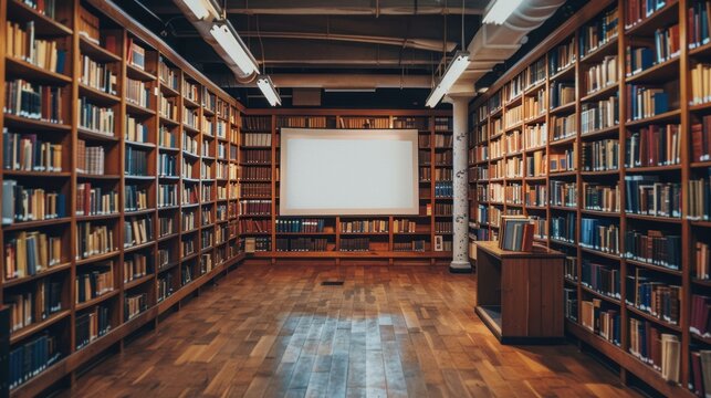 Empty white poster mockup in a classic library setting