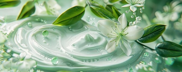 Fototapeta premium Closeup of fresh aloe vera gel with plant leaves. Natural skincare, beauty, and health concept.