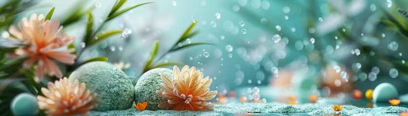 Fototapeta premium Soft pastel flowers with smooth stones in a dreamy, bokeh background.