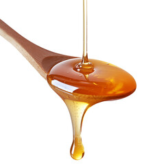 golden honey flow on wooden spoon isolated background