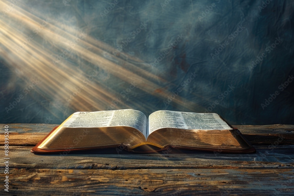 Poster an open book resting on a wooden table with a simple, rustic background